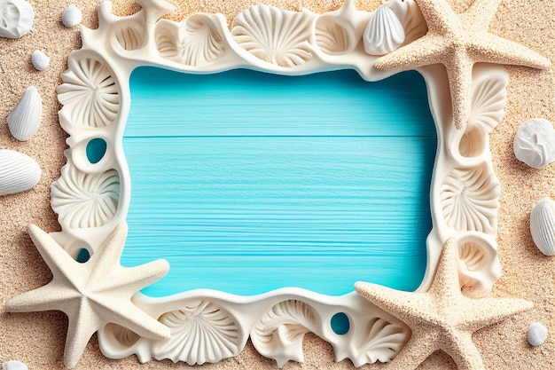 Strandszenenkonzept mit Muscheln und Seesternen auf einem blauen Holzbrett Hintergrund Draufsicht Generative AI