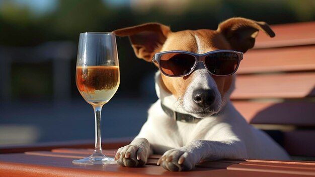 Strandtag mit einem Hund mit Sonnenbrille und einem von KI generierten Getränk