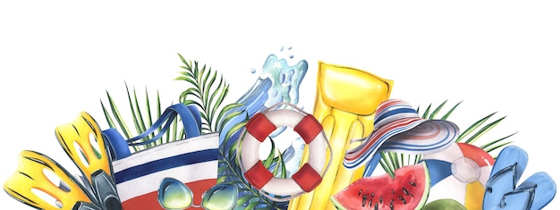 Strandtasche, aufblasbares Spielzeug, Früchte, tropische Palmenblätter, Aquarell-Illustration, handgezeichnet für Karten, Poster, Strand und Sommer, Strandvorlage auf weißem Hintergrund