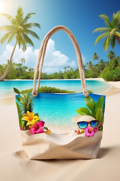 Strandtasche mit einer tropischen Insel im Inneren auf Sand Ungewöhnlicher Reise-Hintergrund