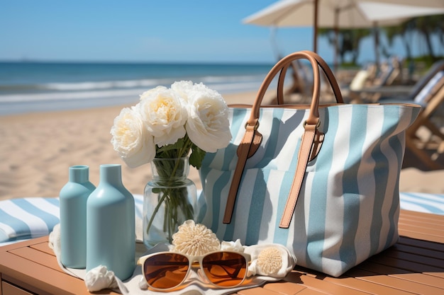 Strandtasche mit Handtüchern und Essentials für den Strand, bestes Sommerbild