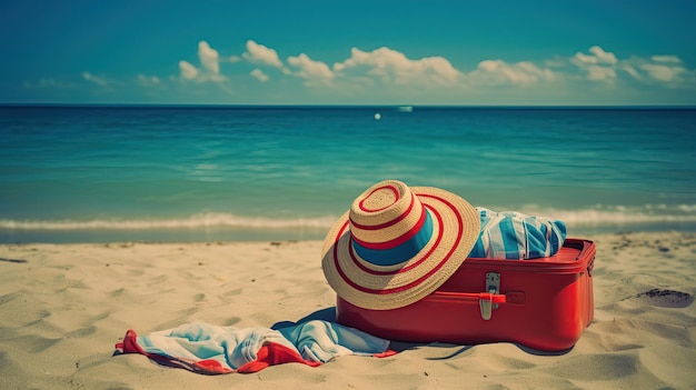 Strandtasche und Strohhut auf dem Sand