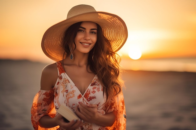 Strandträume Frau im Kleid mit Sonnenhut Roman und Flipflops auf Sunset Hue