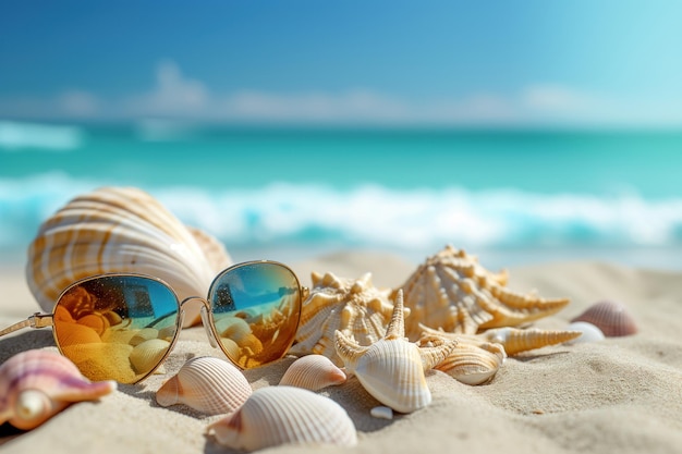 Strandurlaub mit Sonnenbrille und Muscheln auf Sand