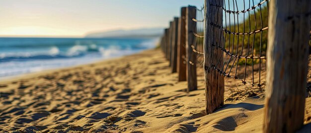 Strandzaun-Schatten an der Sandküste in der Dämmerung