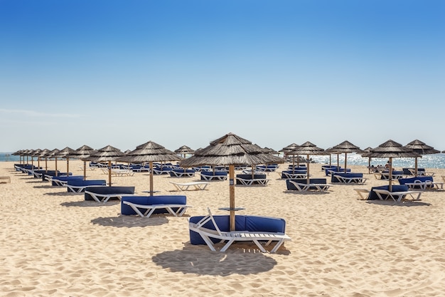 Strandzone zum Sonnenbaden mit Sonnenschirmen und Liegestühlen. Portugal.