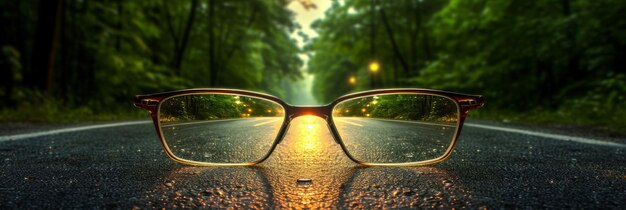 Straße, die zu einer hellen Lichtquelle führt, gesehen durch eine generative KI-Brille