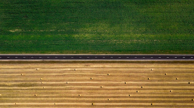 Straße entlang der grünen und gelben Felder Luftaufnahmen mit Drohne