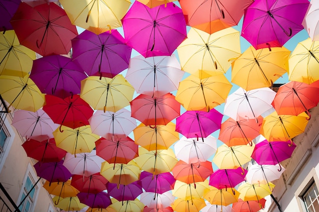 Straße geschmückt mit bunten Regenschirmen in Agueda Portugal