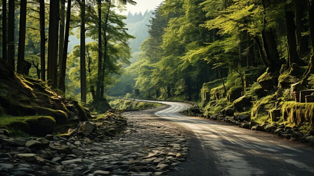 Straße im grünen Wald