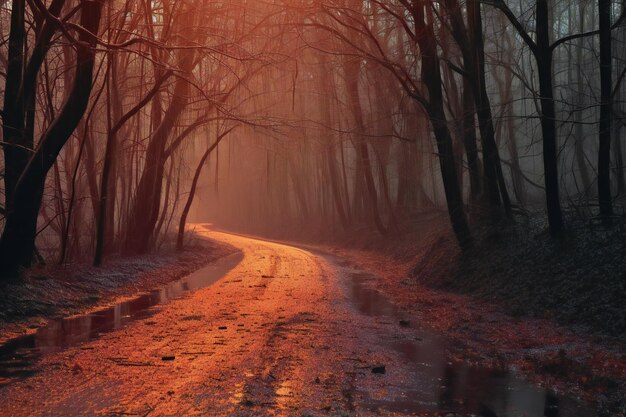 Straße im nebligen Wald bei Sonnenuntergang Schöne Herbstlandschaft