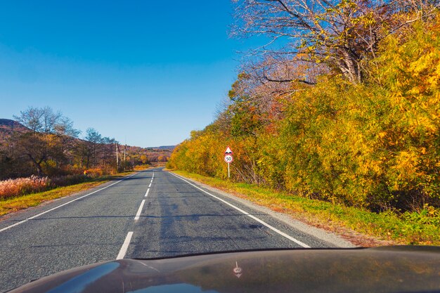 Straße in der Landschaft mit schöner Natur in der Herbstsaison und klarem blauem Himmel