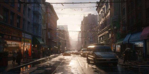 Straße in der Stadt nass nach dem Regen Sonnenlicht, das von der Straße reflektiert wird Generative KI