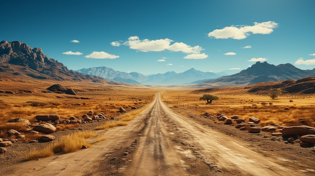 Straße in der Wüste mit Bergen und blauem Himmel
