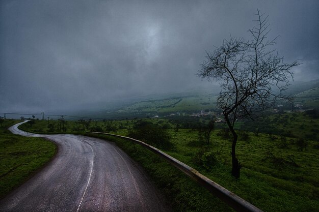 Foto straße inmitten von bäumen gegen den himmel bei nebligem wetter