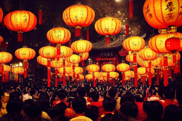 Straße mit Laternen und Menschenmenge während des chinesischen Neujahrs Digitale Illustration