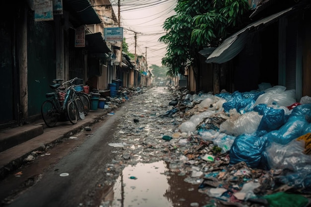 Straße mit Plastikmüll und überquellendem Müll übersät