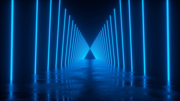 Straße mit Reflexionen entlang der Neonlinien in blauem 3D-Rendering