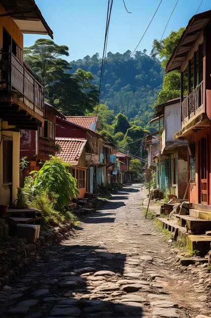 Straße mit roten Backsteinhäusern in einer Bergbaustadt