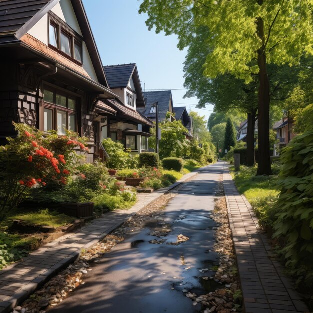 Straße mit traditionellen Privathäusern. Außenansicht der Wohnarchitektur