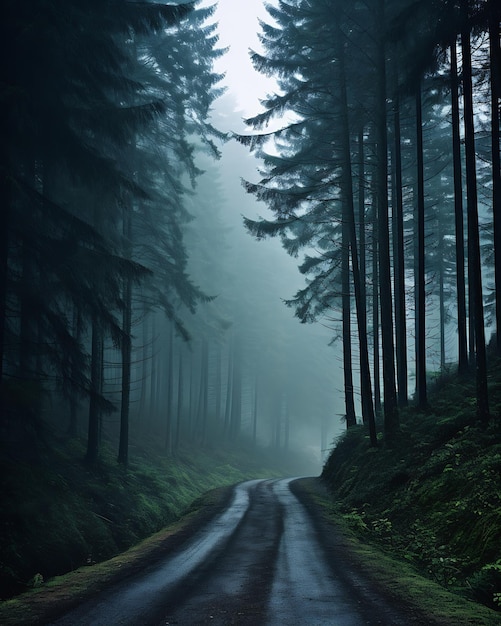 Straße mittlerer Wald hohe Bäume Landschaft Nordbiegung natürliche Schönheit unheimliche Atmosphäre heitere Emotion