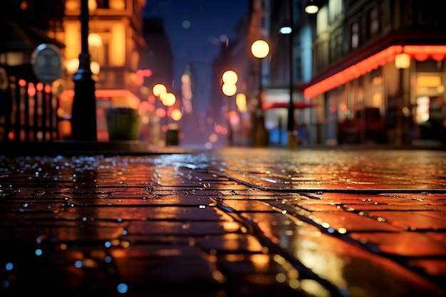 Straße Stadt Nachtlicht Bokeh defokussierter Hintergrund filmisch schönes Panorama generative KI