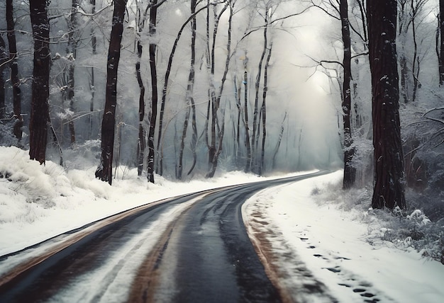 Straße vor dem Hintergrund des Winterwaldes