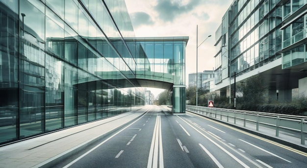 Straße vor einem großen Gebäude mit Glaswänden dahinter