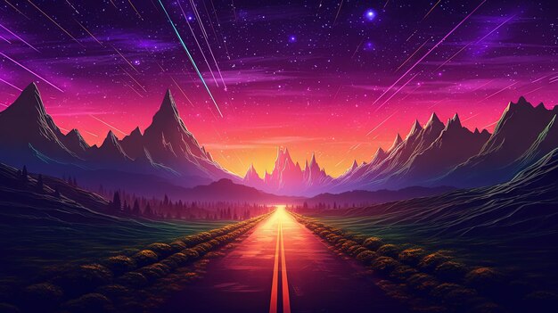 Straße zum Horizont im Synthwave-Stil der 80er Jahre, Violett- und Blau-Synthwave-Highway-Landschaft, generiert von KI