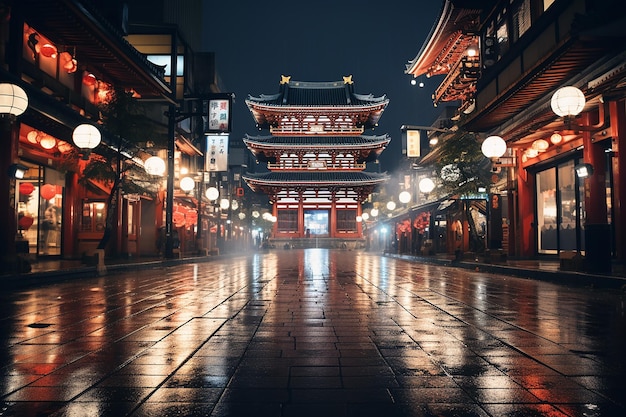 Straße zum Tempeltor in Tokio Japan bei Nacht als Reiseziel in Asien