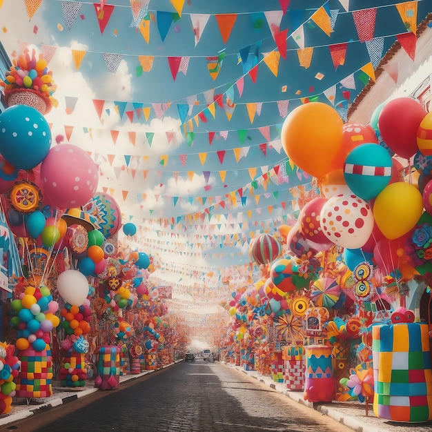 Foto straßen entworfen mit ballons und bunten fahnen, die von ki generiert wurden