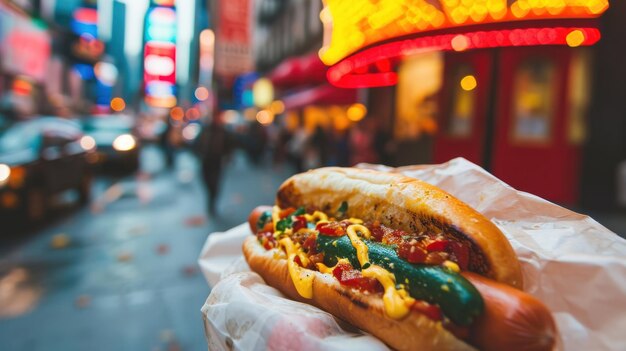 Foto straßen-hot-dog gegen eine lebendige stadtstraße