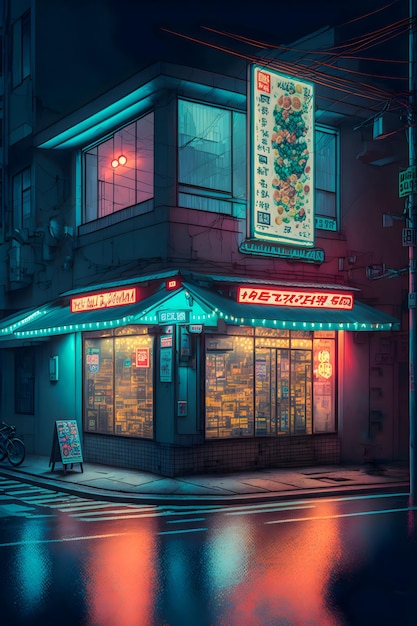 Straßen von Tokyo City Night Neonlichter handgezeichnete Illustration