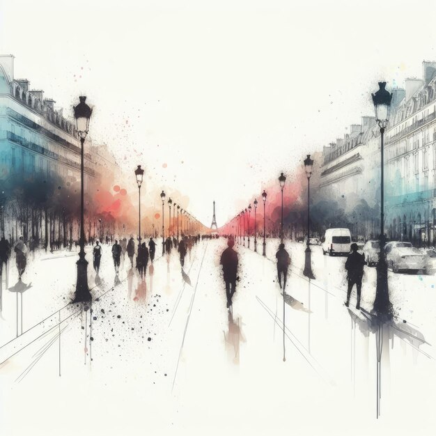 Straßenansicht der Avenue des Champs-Élysées in Paris in Spritzfarbe mit generativer KI