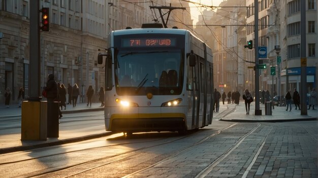 Straßenbahn nähert sich im Abendlicht