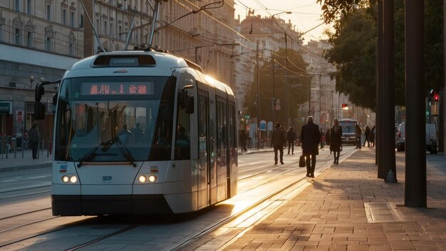 Straßenbahn nähert sich im Abendlicht