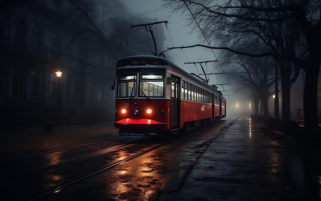 Straßenbahn steht auf der Straße einer Stadt. Generative KI