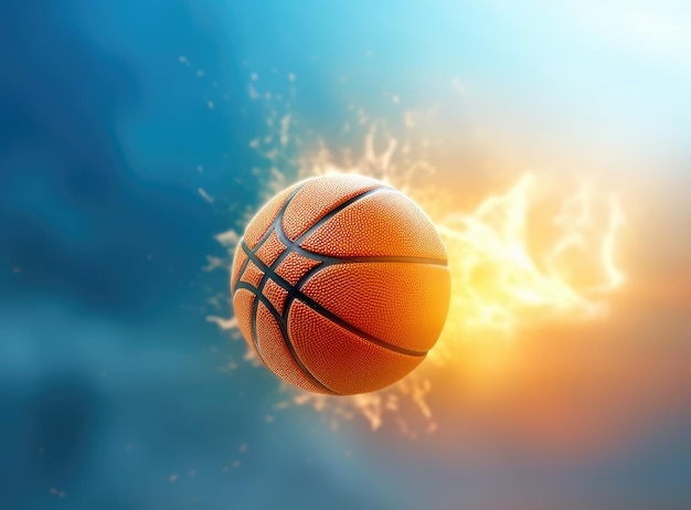 Straßenbasketballball fällt in den Korb. Nahaufnahme eines orangefarbenen Balls über dem Korbnetz mit blauem Hintergrund