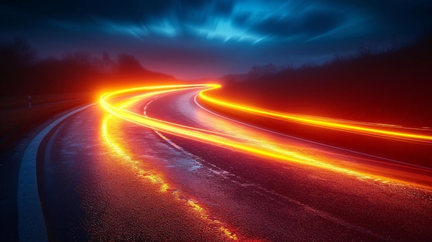 Straßenbeleuchtung Biegungsstrecke Schnellfahrzeug Erweiterte Bernstein- und Crimson-Bewegung Strahlende Straßenanzeige Verschwommene Bewegung Schimmerender Strom Konzeptueller energischer schwarzer Hintergrund
