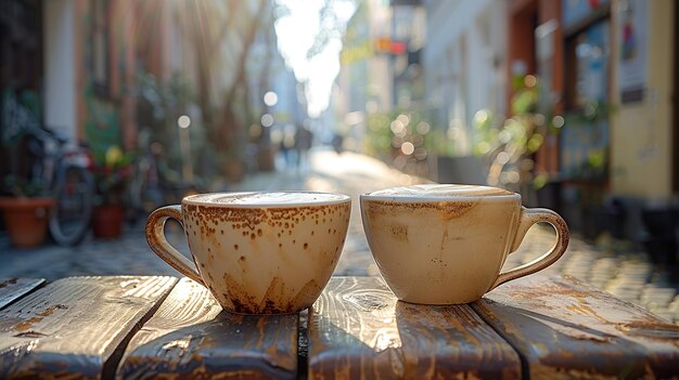 Straßencafé in Europa Zwei Tassen Kaffee auf einem Vintage-Tisch