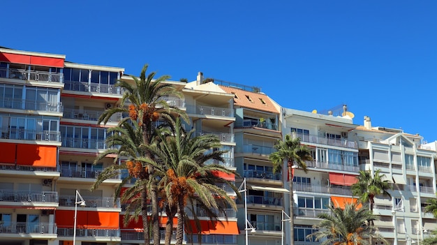 Straßenferienort in Spanien, schöne Häuser, helle Balkone, eine Palme mit orangefarbenen Früchten.