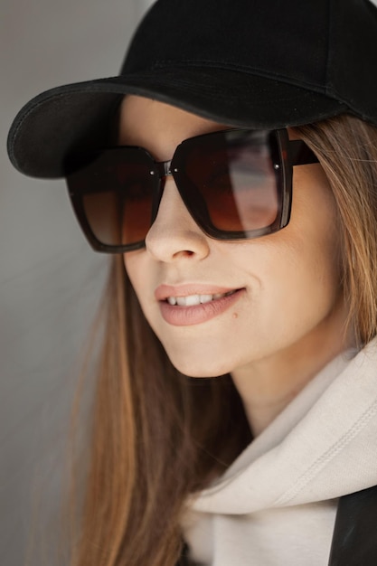 Straßenfrauenporträt eines schönen modischen glücklichen Mädchens mit einem Lächeln mit einer schwarzen Kappe und einer coolen stilvollen Sonnenbrille in modischer Kleidung mit einem schwarzen Ledermantel und einem Kapuzenpulli, die in der Stadt spazieren gehen