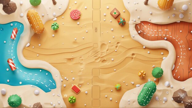 Straßenkarte Hintergrund für Kinder Spiele in der Wüste und Winter Mobile App Illustration mit einem virtuellen Fortschritt Pfad Leistung Punktzahl Süßigkeiten Schnee und Dürre Sand Boden