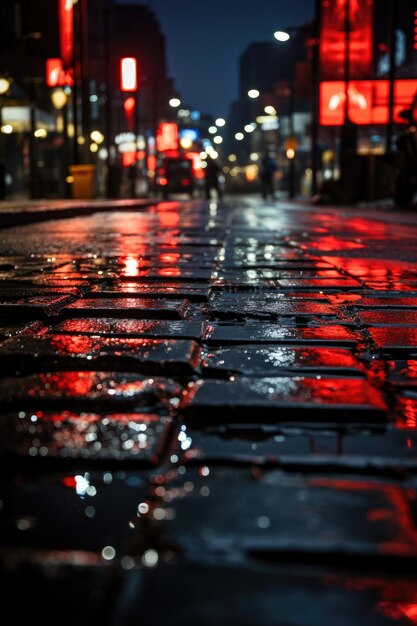 Straßenmalerei, strömender Regen und Lichter, die Wasser auf dem Straßenbett reflektieren