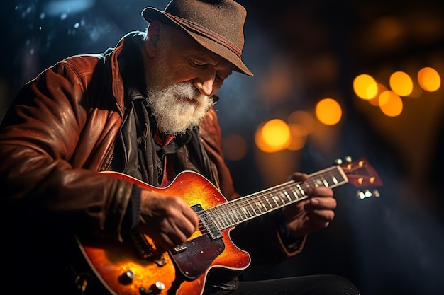 Straßenmusikanten spielen draußen auf Zebrastreifen in der U-Bahn, entweder zum Spaß oder für Geld, Musik, Kreativität, niedlich, fröhlich, Gitarre, Gesang im alten Stil, Melodie, lächelnd