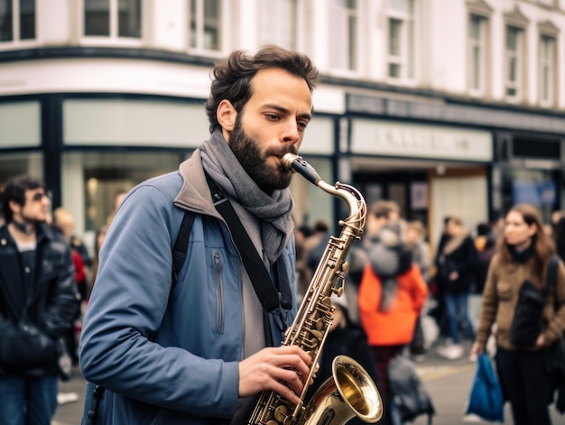 Foto straßenmusiker spielt saxophon für ein fasziniertes publikum