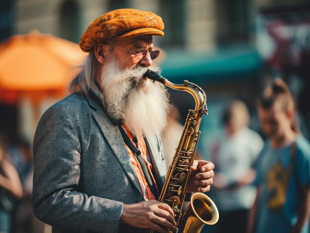 Foto straßenmusiker spielt saxophon für ein fasziniertes publikum