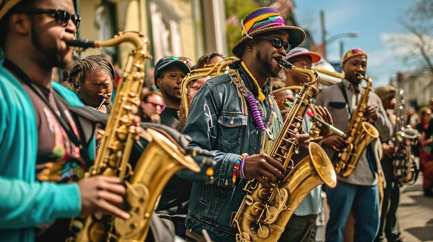 Straßenperformance Gruppe von Männern, die Musikinstrumente auf der Stadtstraße spielen