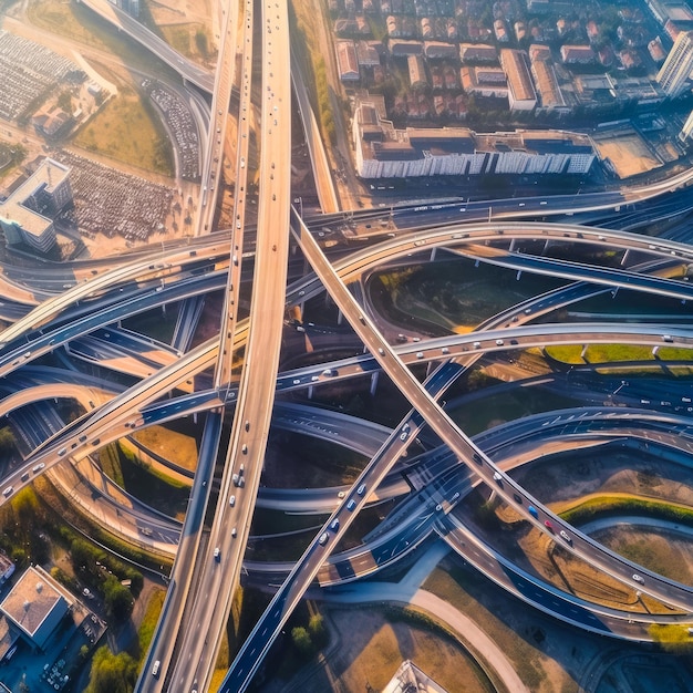 Foto straßenverbindung in der modernen metropole. starker verkehr auf den autobahnen aus der draufsicht. generative ki