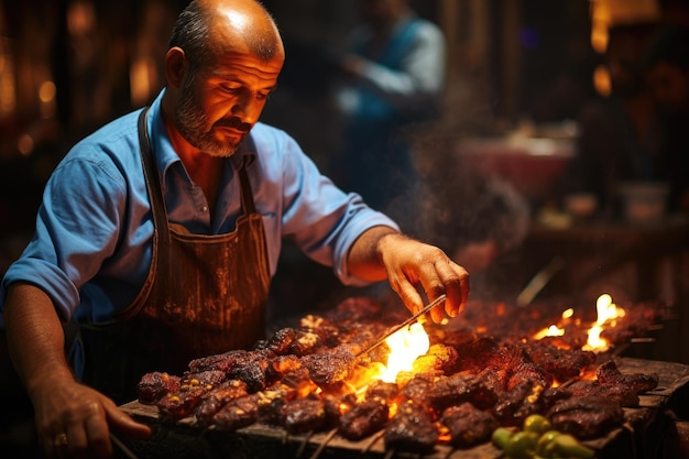 Straßenverkäufer grillt köstliche Kebabs